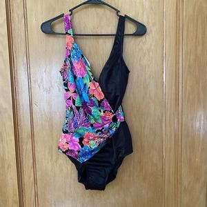 NWT Vintage Jantzen Black Floral, Gold Foil One Piece Bathing Suit, 90s